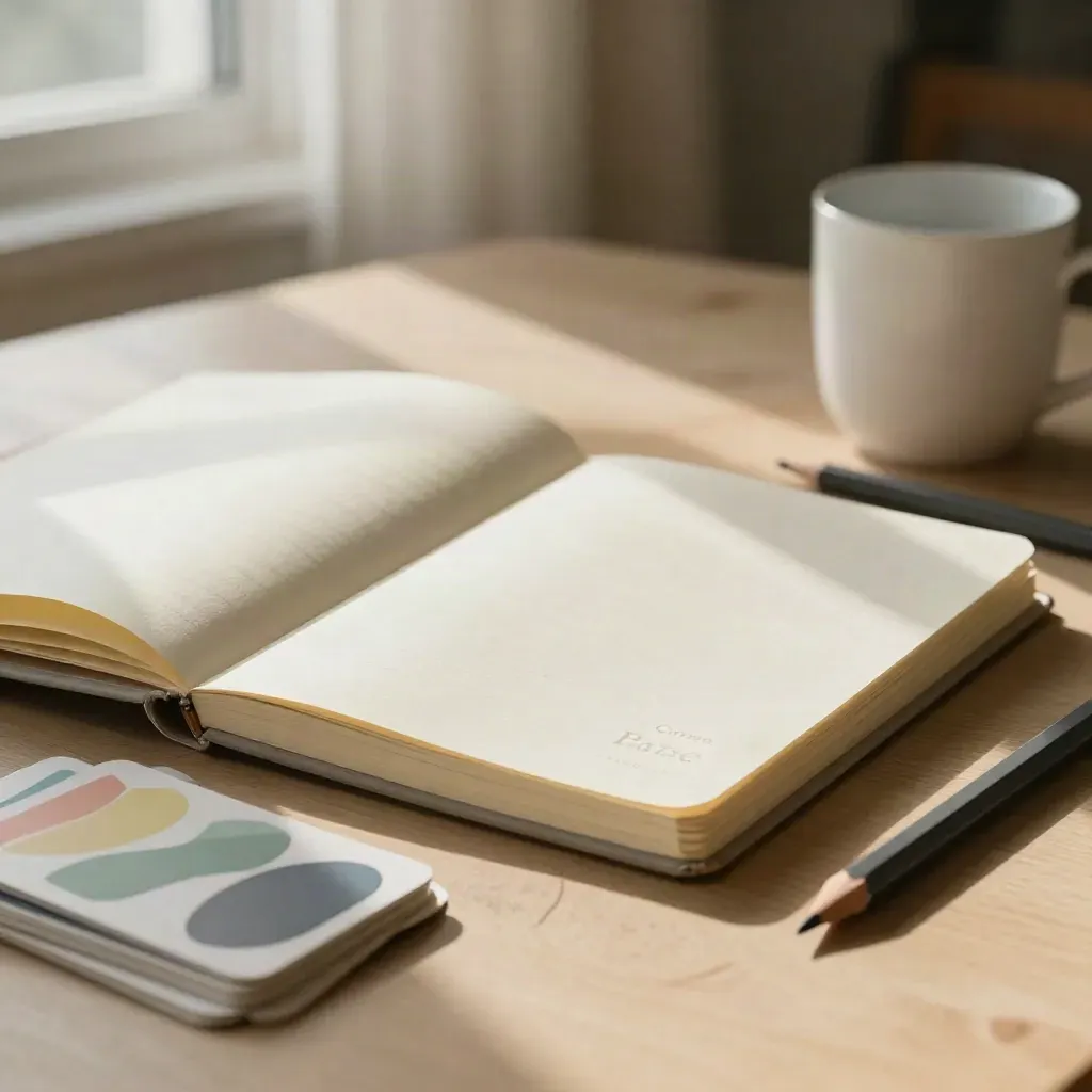Set base per studiare italiano con quaderno aperto, flashcard, fogli piegati e tazza su tavolo chiaro
