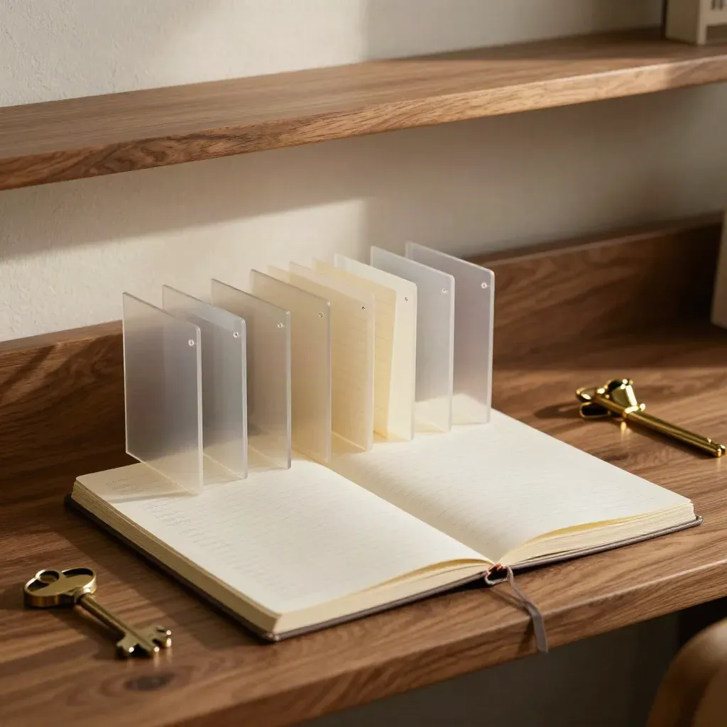 Materiali ordinati per la grammatica italiana: divisori traslucidi, quaderno pulito e clip in ottone.