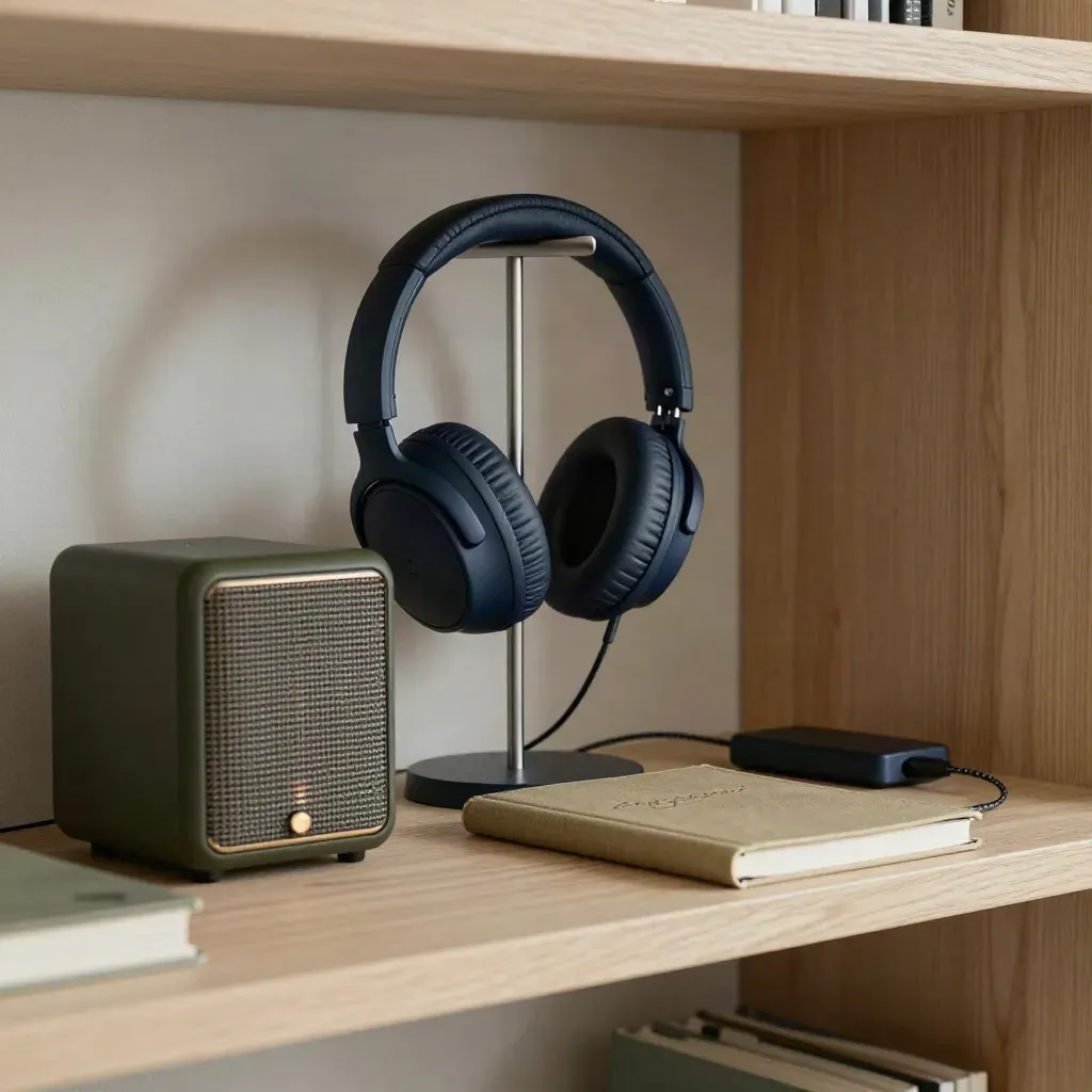 Cuffie over-ear, speaker e quaderno chiuso in un angolo lounge silenzioso.