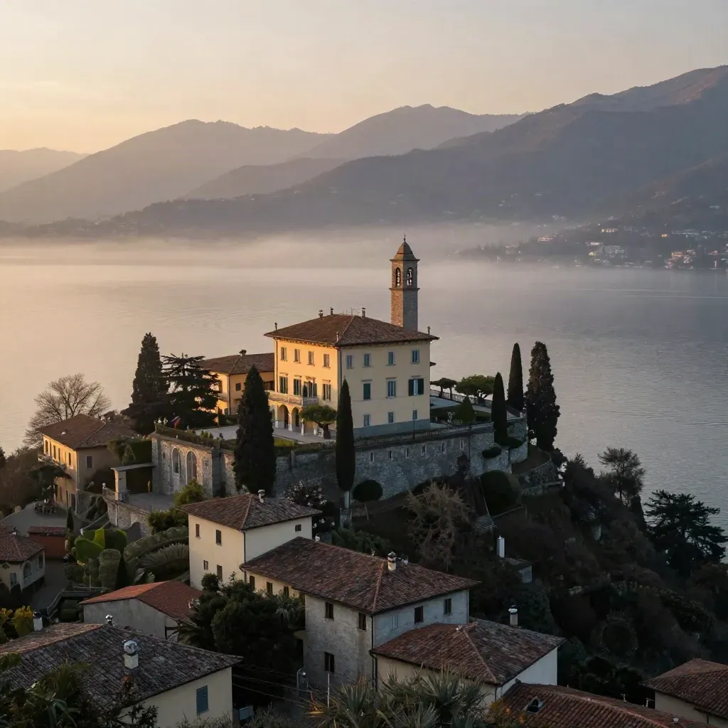 Lago di Como all’alba con ville e campanili in alto sopra acqua calma e foschia.