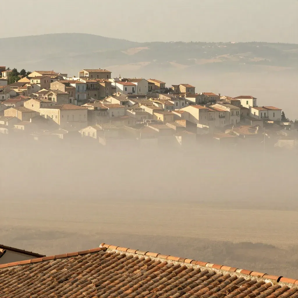 Panorama aereo d’Italia con tetti in terracotta, colline chiare e costa lontana nella foschia.
